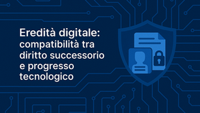 Copertina digitale con sfondo blu scuro e circuiti elettronici, titolo in italiano 'Eredità digitale: compatibilità tra diritto successorio e progresso tecnologico' in caratteri bianchi di dimensione media allineati a sinistra. A destra, uno scudo con documento, icona utente e lucchetto, simbolo della trasmissione sicura dei dati digitali nell’ambito del diritto ereditario