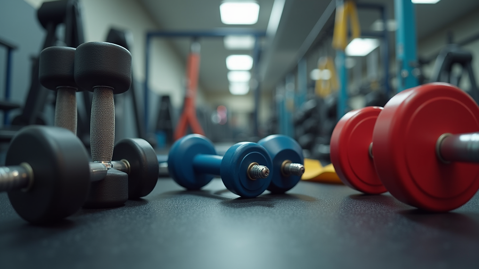 Eye-level view of a variety of fitness equipment including dumbbells and resistance bands
