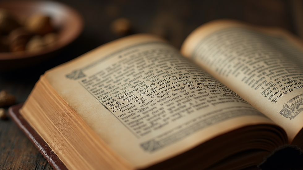 Close-up view of an open ancient book with Sanskrit text