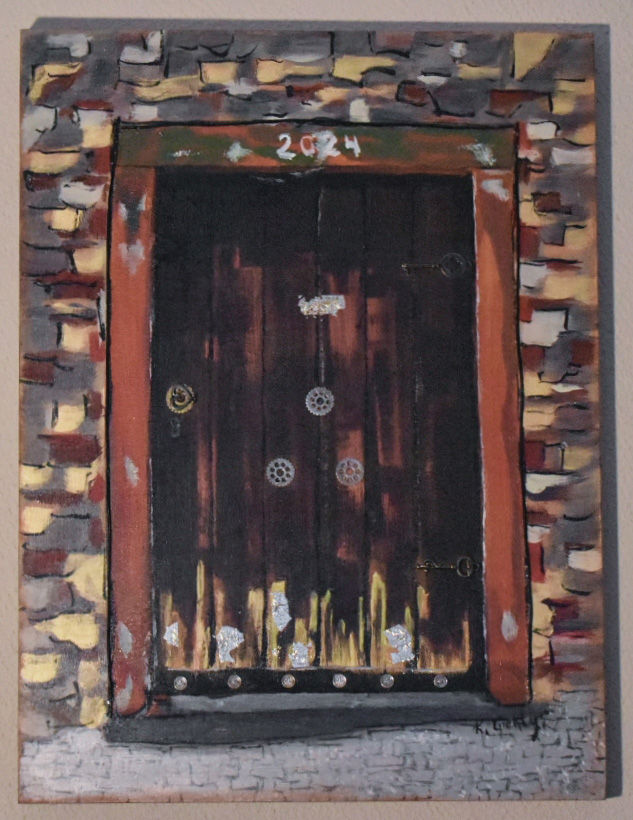 Painting of a rustic wooden door with '2024' above, framed by bricks.