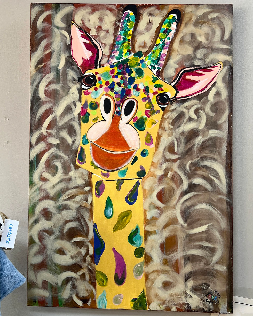 Colorful giraffe painting with abstract background.