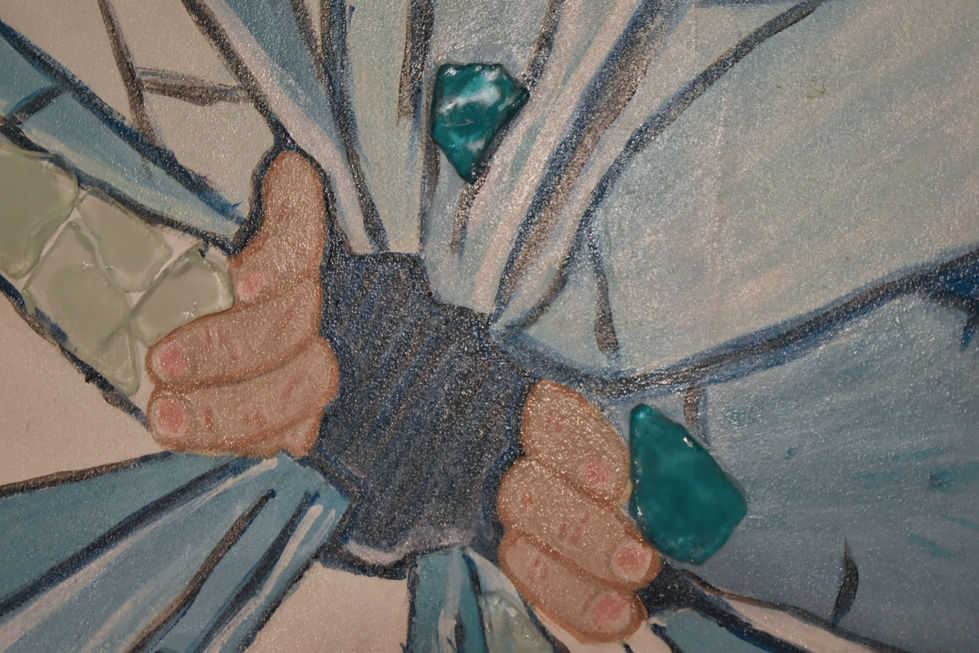 Painting of hands breaking through a glass wall with sea glass