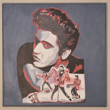 Stylized painting of Elvis Presley, with dancing figures
