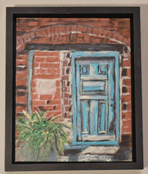 Painting of blue door in red brick wall with a plant