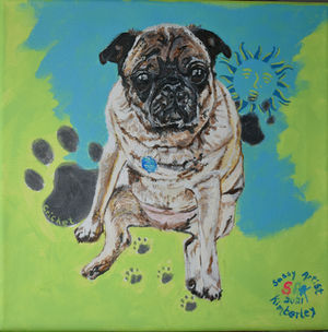 Painting of a pug dog with paw prints and sun