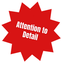 A red starburst with text reading "attention to detail"