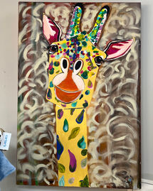Colorful giraffe painting with abstract background.