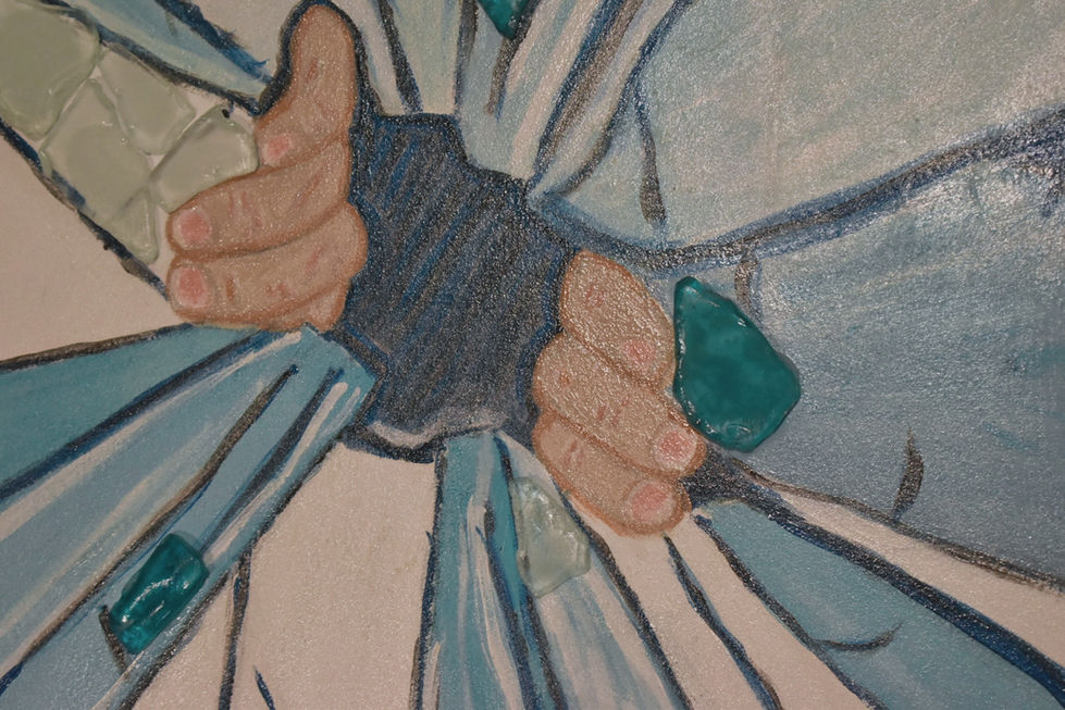 Painting of hands breaking through a glass wall with sea glass