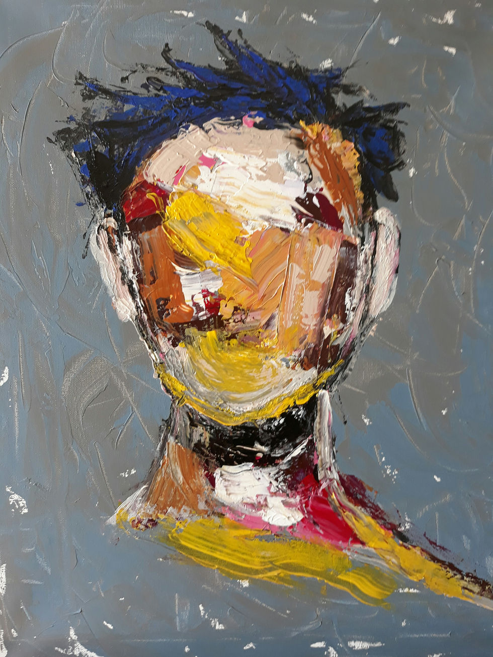 Abstract painting of a face with blue hair