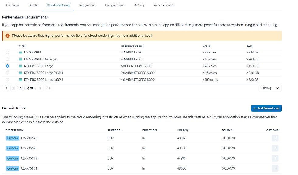 Cloud Rendering configuration page where the required GPU performance tier is selected and CloudXR firewall ports are opened to enable streaming to XR devices.