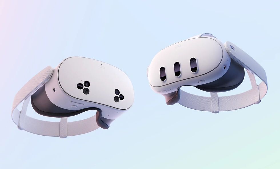 Image: Meta Quest 3S (left) and Meta Quest 3 (right). Side-by-side view of Meta’s latest standalone VR headsets, featuring updated front-facing sensors and refined head straps for improved comfort and performance.