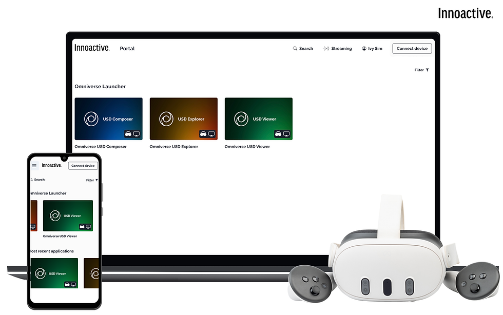 A Quest 3 headset, an Android phone, and a laptop browser running Innoactive Portal across devices.