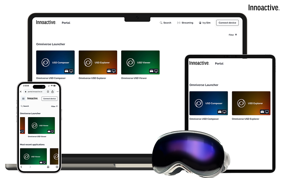 Image: A MacBook, iPhone, iPad in AR mode, and Apple Vision Pro shown running Innoactive Portal across all devices.
