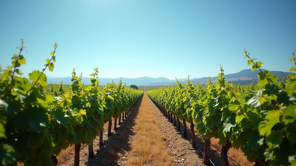 Eye-level view of vineyard rows stretching into the distance under a clear blue sky