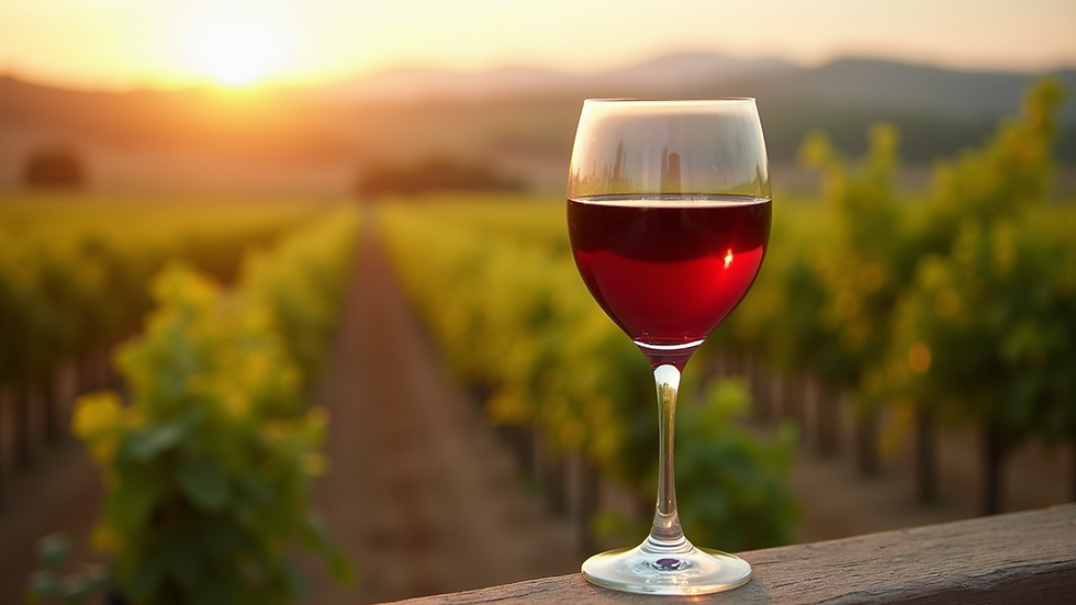 Close-up view of a wine glass filled with red wine against vineyard background