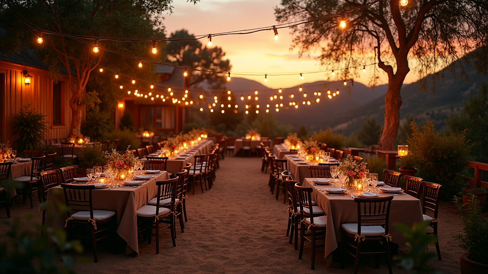 High angle view of a rustic outdoor event setup with tables and string lights at sunset