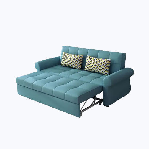 a blue sofa cum bed with two pillows on it, sofa cum cleaning