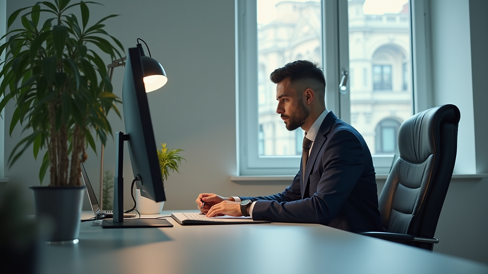 Vista lateral de un psicólogo trabajando en una sesión en línea desde su oficina