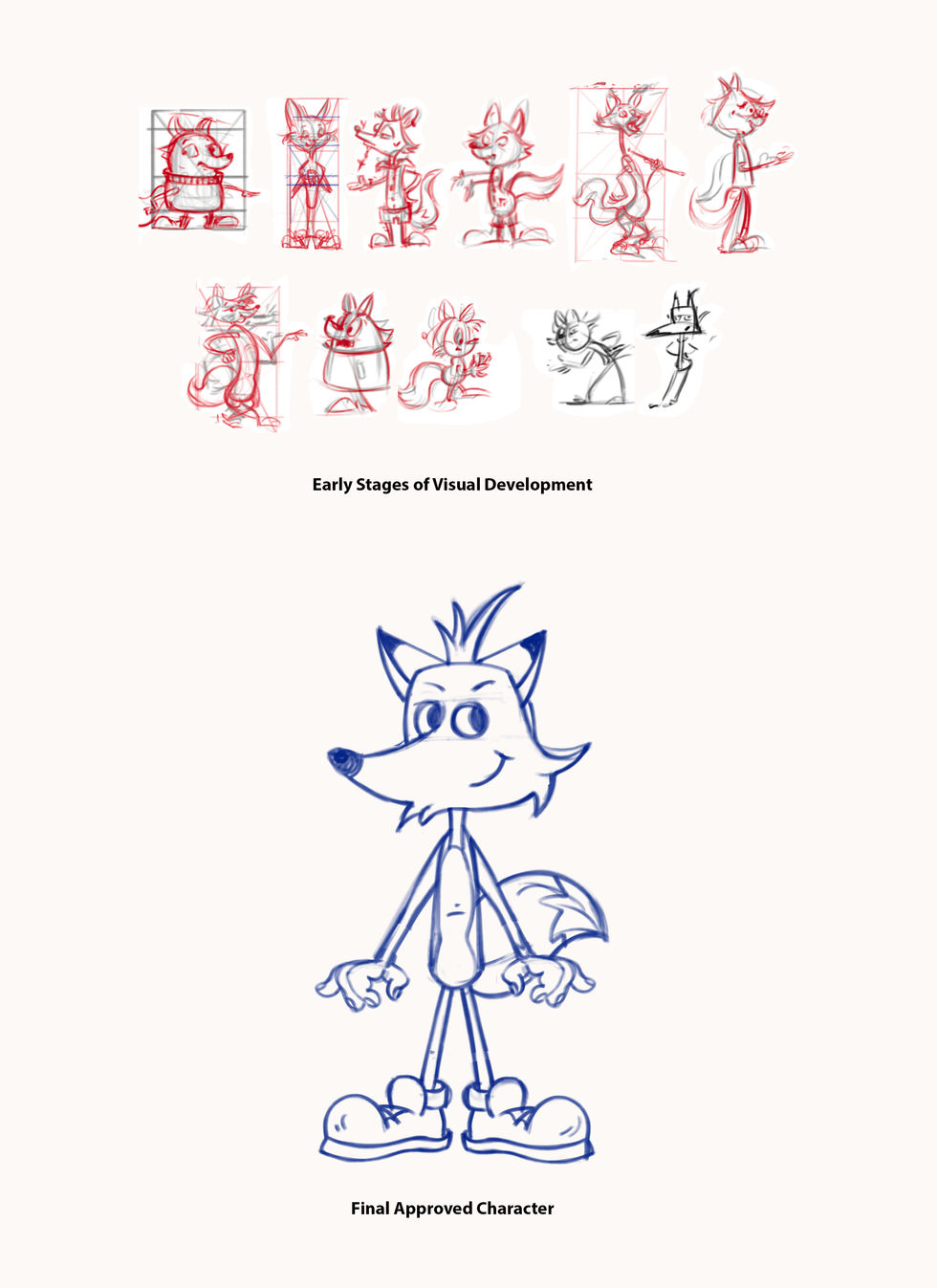 Fox character early stages of visual development and final approved character, by Mahsa Malek at Commapix