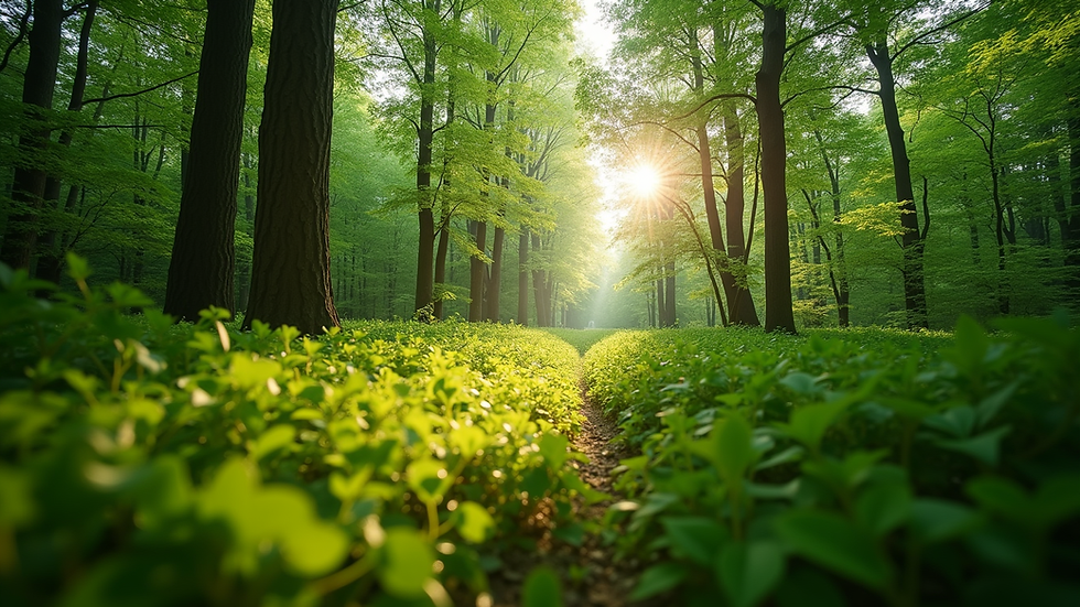 Eye-level view of a lush green forest with sunlight filtering through the trees