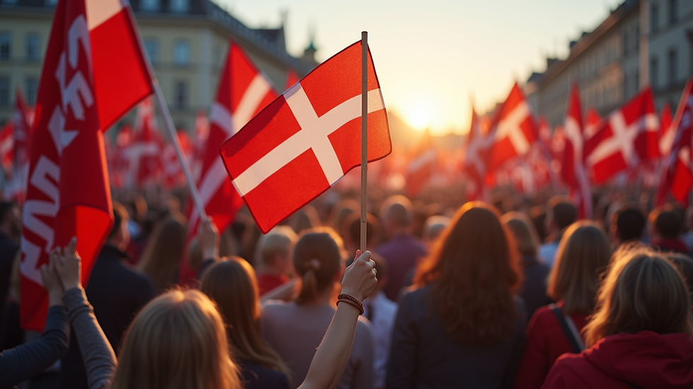 Eye-level view of a Dansk Folkeparti rally with supporters holding flags