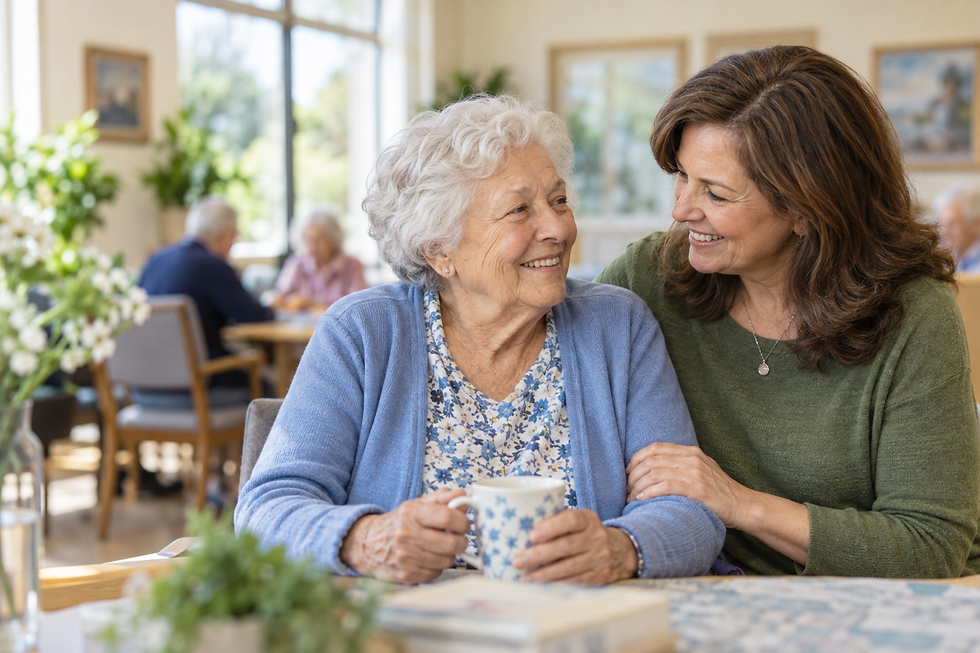 Older adult and caregiver sharing a warm moment at an adult day health center.