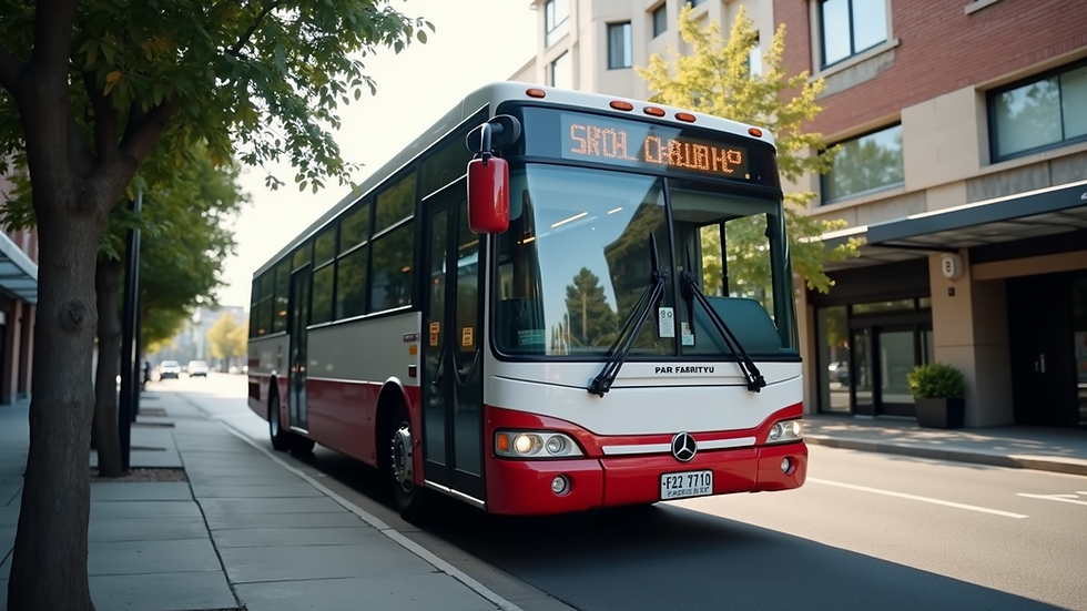 Eye-level view of a modern charter bus parked at a Melbourne street