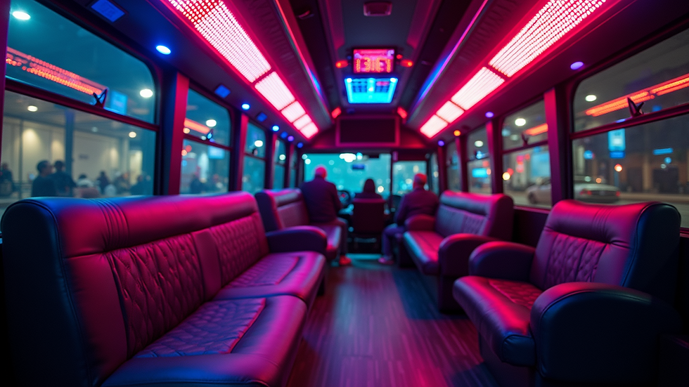 High angle view of a party bus with colourful interior lighting