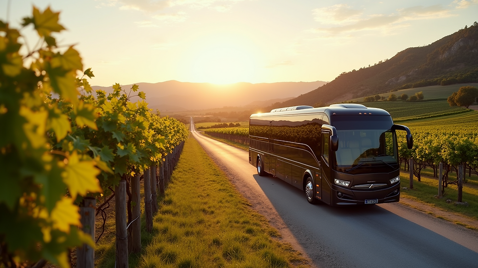 High angle view of a luxury charter bus parked near a vineyard