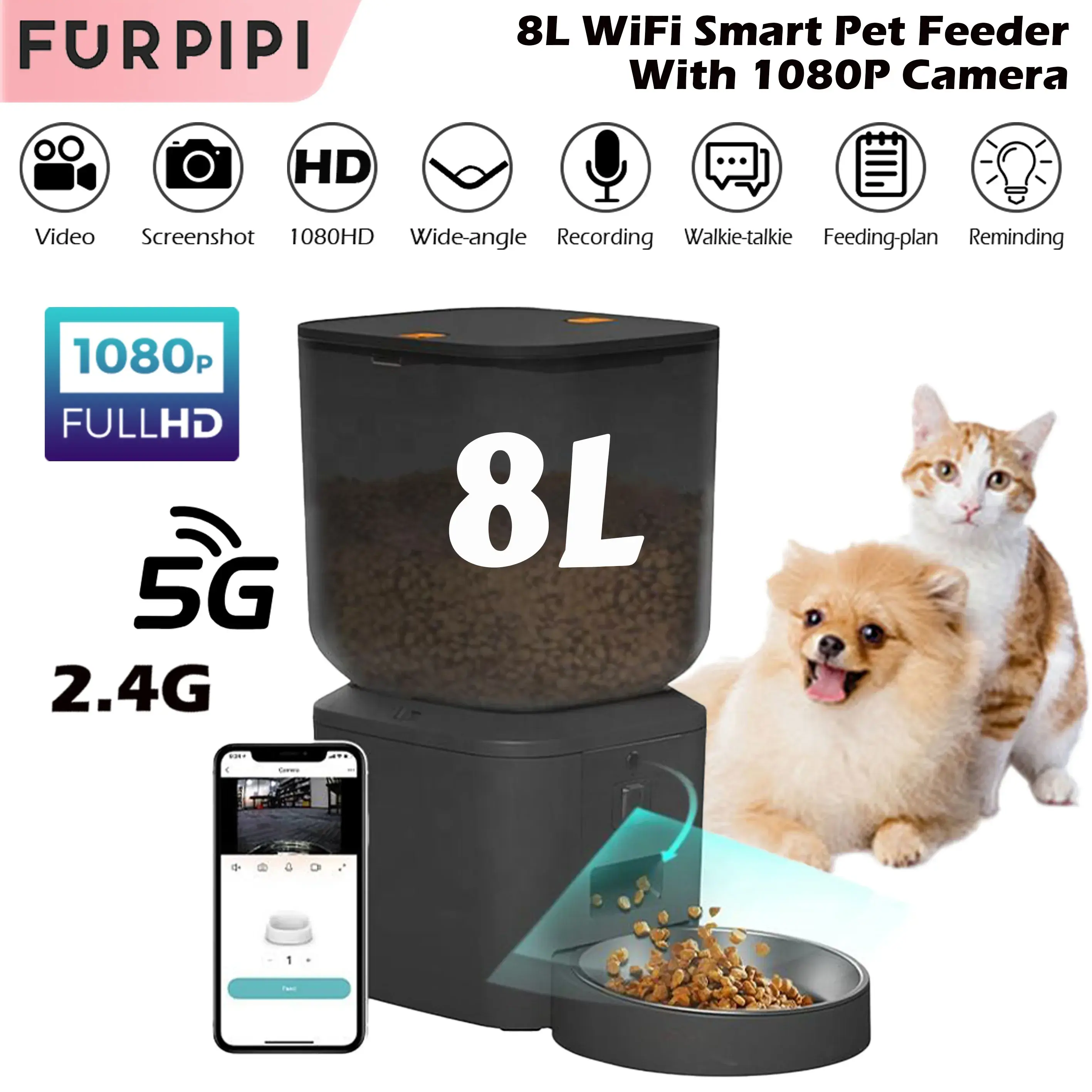 Alimentador Automático 8L com Câmera 1080p para Gato e Cachorro- WiFi 5G Furpipi