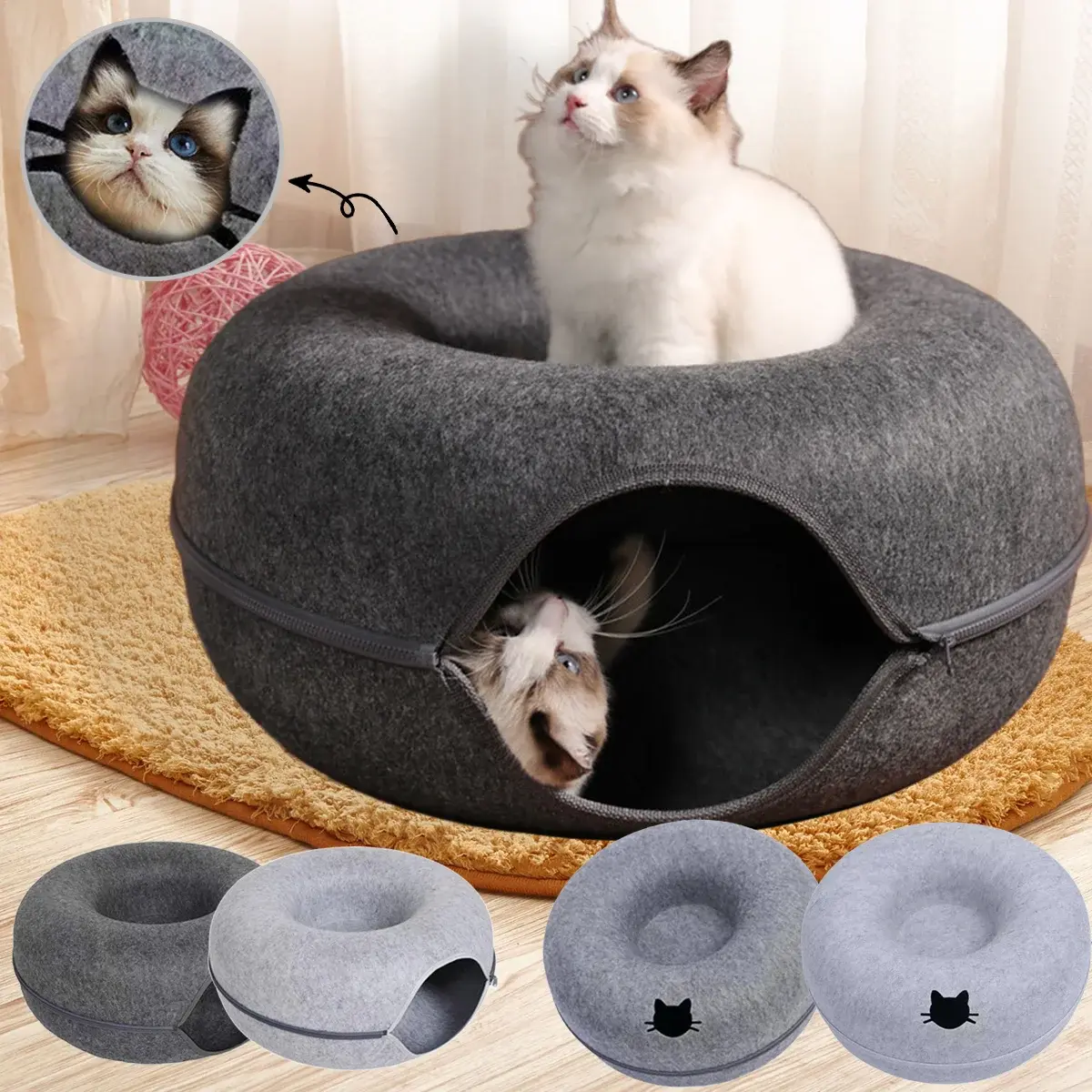 Cama Donut com Túnel 2 em 1 para Gatos - Casa e Brinquedo