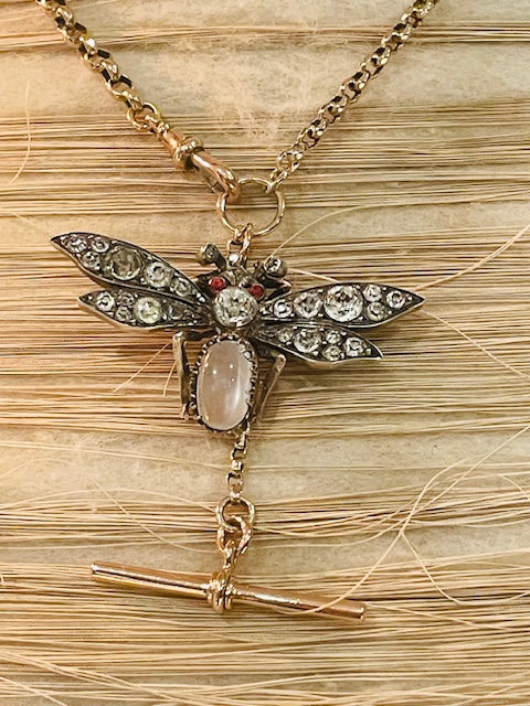 Thumbnail: Victorian 9ct Gold Guard Chain, Silver Paste Moonstone Bee, Bug, Moth Necklace
