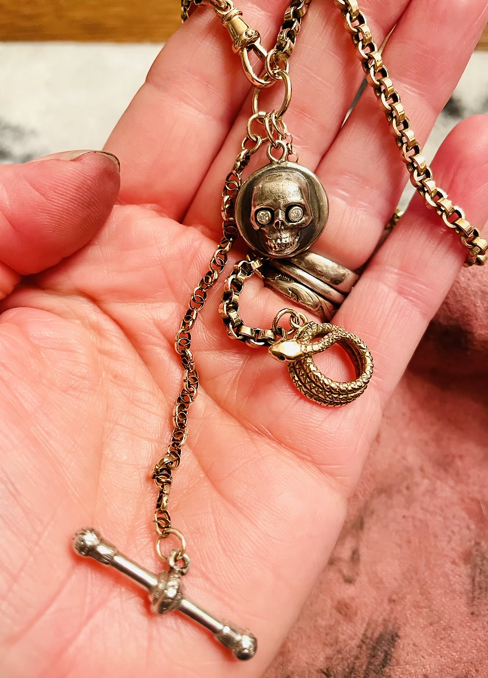 Thumbnail: Antique 9ct Gold Guard Chains, Silver Diamond Skull Memento Mori, Snake Necklace