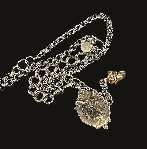 Thumbnail: Antique Silver Fox Fob, Vintage Chains and Acorn Charm Necklace