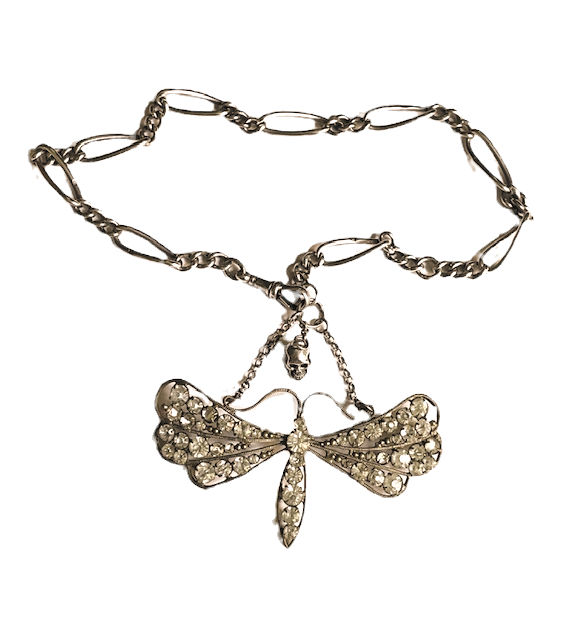 Thumbnail: Silver Victorian Fancy Watch Chain Deco Paste Moth Butterfly Skull Necklace