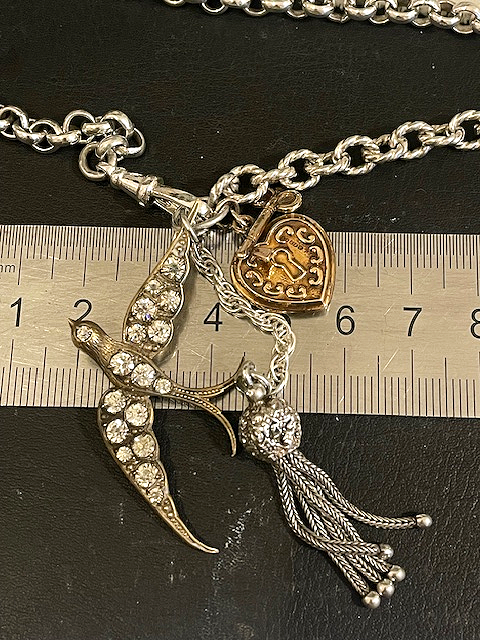 Thumbnail: Antique Silver Gold Gilt Swallow, Tassel, Vintage 9ct Gold Padlock Key Charm