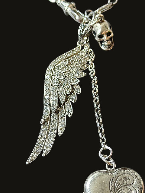 Thumbnail: Silver Vintage Elements, Angel Wing, Skull, Heart Locket Necklace