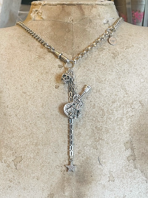 Thumbnail: The 'Rock Chick'  Vintage Silver Guitar Star Skull Charm Necklace