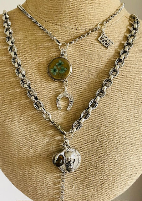 Thumbnail: Antique Silver Fancy Watch Chain, Vintage Skull Fob, Claw Tigers Eye Orb Charms