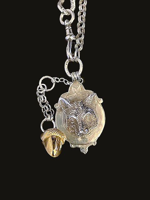 Thumbnail: Antique Silver Fox Fob, Vintage Chains and Acorn Charm Necklace