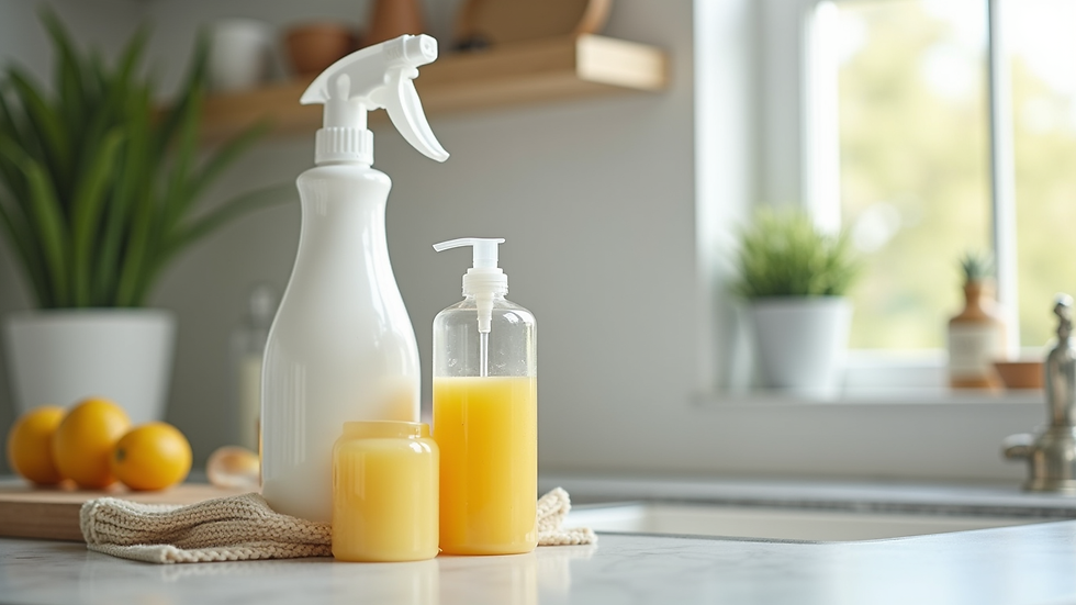 Close-up view of eco-friendly cleaning products on a kitchen counter