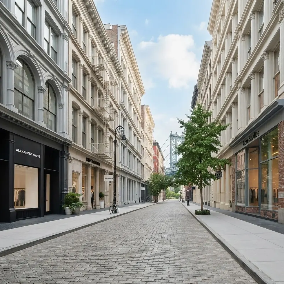 Architectural photography of a quiet, cobblestone street in a historic district of New York City. Elegant storefronts line the brick buildings, leading the eye toward the Manhattan Bridge appearing in the distance.