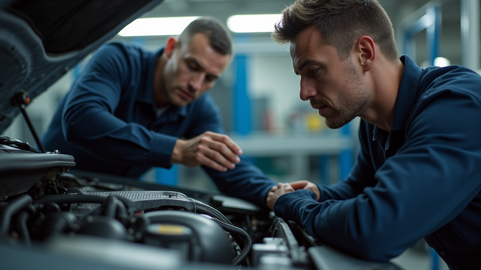 Close-up view of a mechanic inspecting a vehicle engine