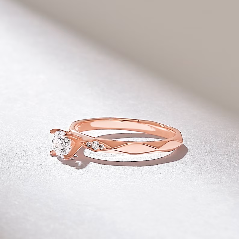 Faceted Band Solitaire Ring with 14k Solid Gold Ring