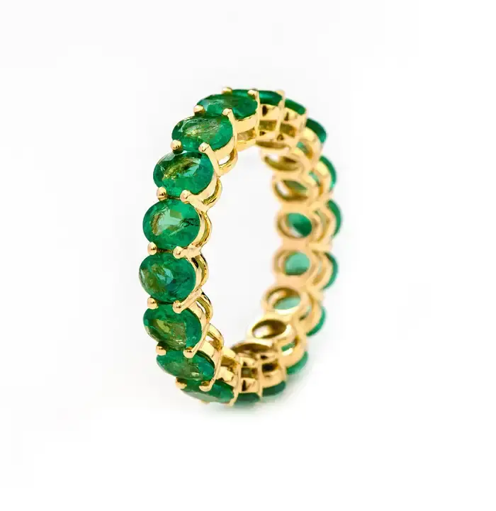 Thumbnail: 18K Solid Gold Oval-Cut Natural Emerald Eternity Band Ring