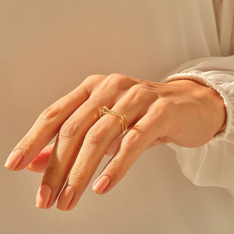 14k Solid Gold D-Shaped Baguette Ring | Geometric Statement Ring for Women