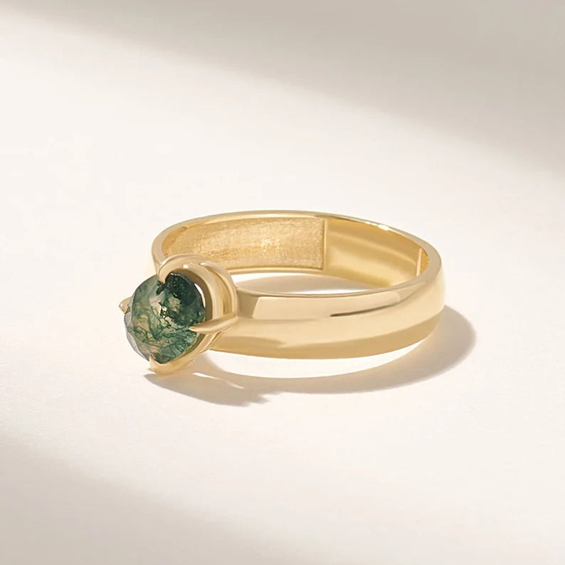 Thumbnail: 18K Solid Gold Moss Agate Solitaire Ring