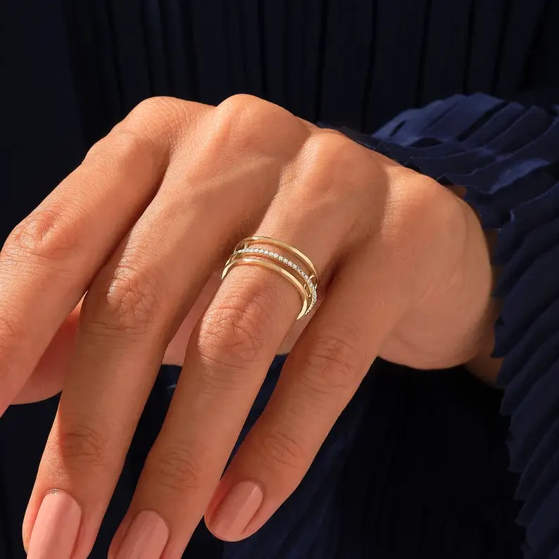 Pave Diamond Fidget Ring | 14k Solid Gold Spinner Ring Women | Three Row Ring