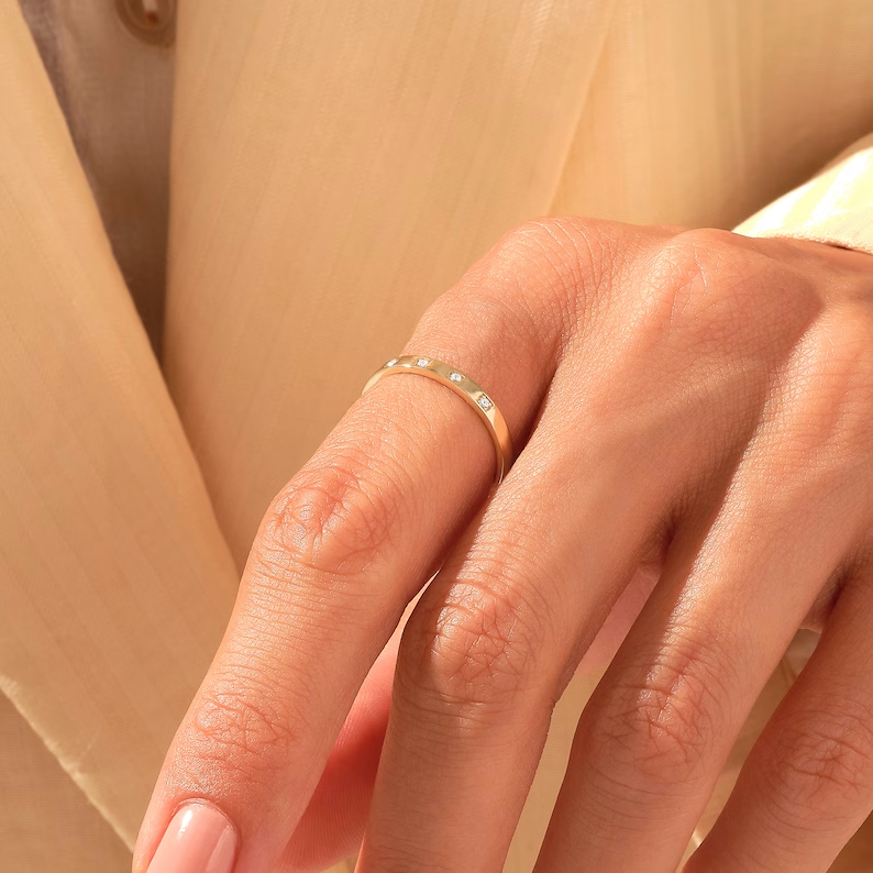 5 Stone Diamond Band | 14k Solid Gold Marriage Ring for Women| Pave Classic Ring