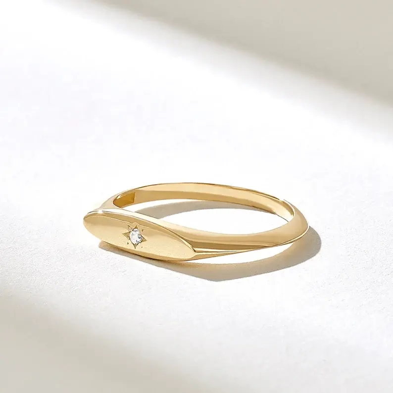 18K Solid Gold Diamond Signet Ring